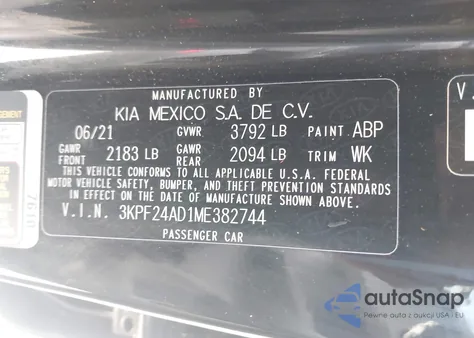 2021 Kia Forte Lxs z USA, uszkodzony, nr VIN 3KPF24AD1ME382744